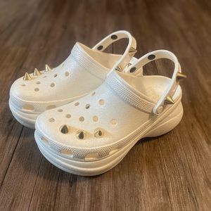 Limited Edition Classic Bae White Glitter Crocs with Gold Studs